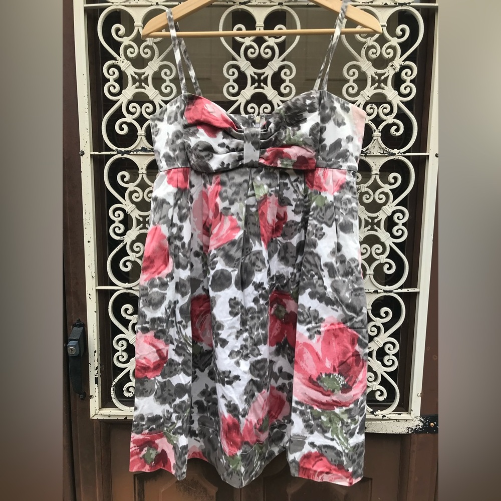 Maggy London Pink & Gray Bow Dress Floral Empire Waist